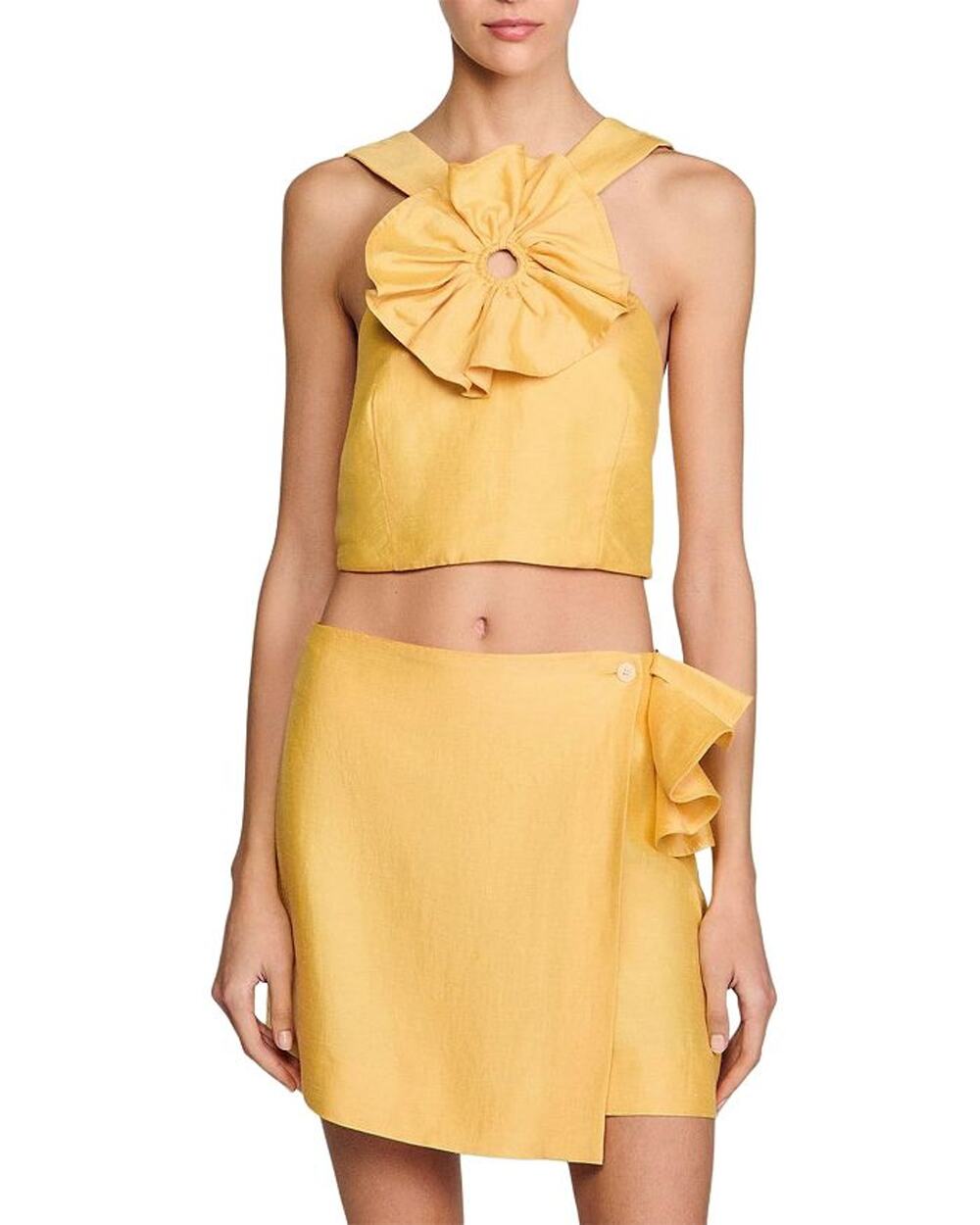 Sandro Ruffled Yellow Rosette Crop Top Size 0 NWT